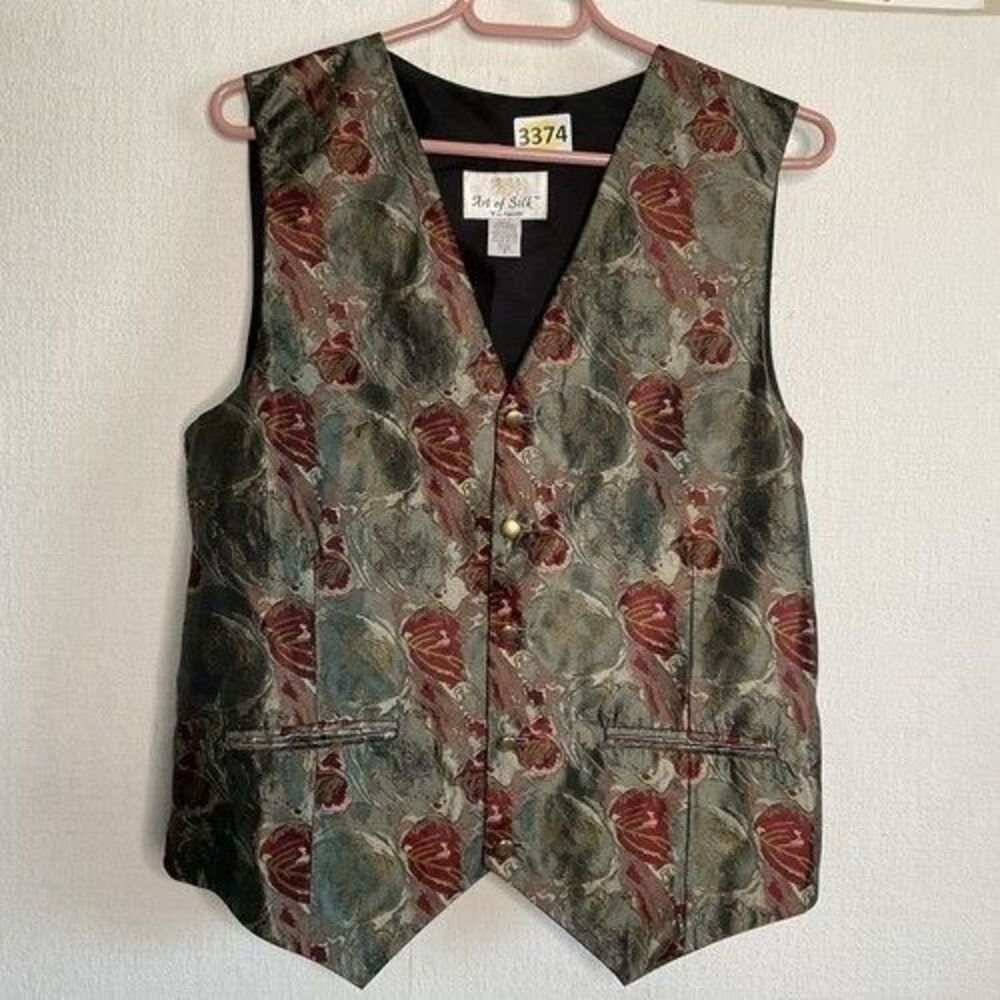Vintage Art of Silk Red/Green Floral Vest Men Small UK 100% Silk‎ Dry Clean
